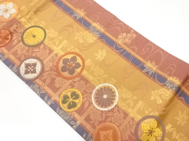 縞・格子に花々・流水模様織出し名古屋帯